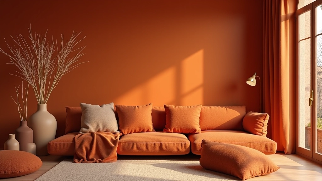 Salotto autunnale con toni terracotta e ocra, cuscini in lana, rami secchi in vasi, illuminazione calda, atmosfera intima