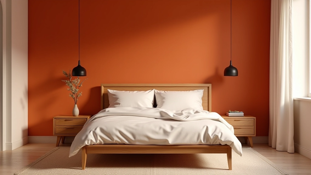Camera da letto con parete color terracotta principale, letti in legno, tappeti neutri