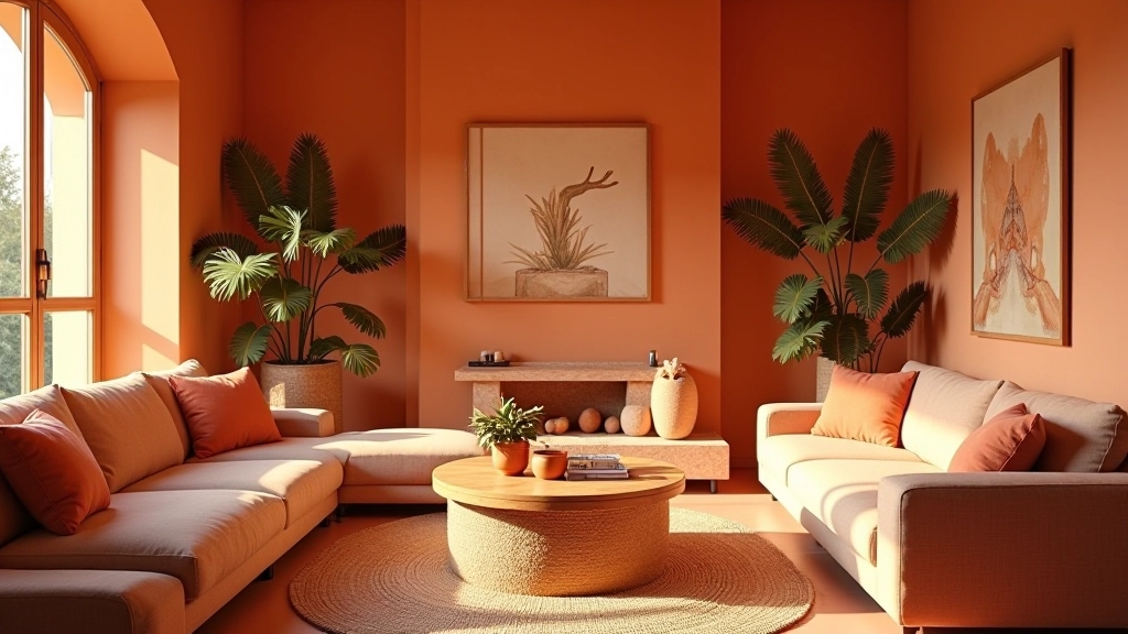 Spazio vivibile con diverse superfici color terracotta, luce naturale calda, atmosfera confortevole