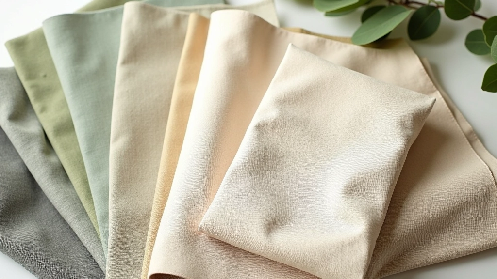 Tavolo con campioni di tessuto in toni grigi, beige e verde saturo su sfondo bianco