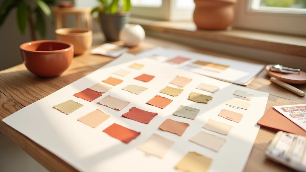 Campioni di colore e palette terracotta disposte su tavolo di legno in luce naturale, con note e schizzi di design