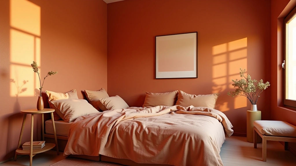 Camera da letto con palette calda: pareti color terracotta, coperta in tono arancione scuro, legno naturale e tessuti caldi