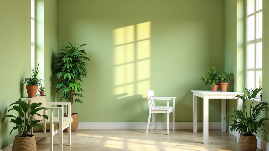 Pareti dipinte in tonalità verde oliva con arredamento minimalista e piante da interno