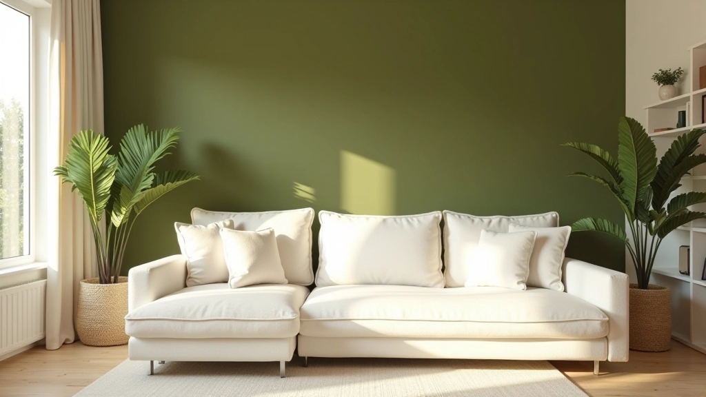 Stanza con pareti verde oliva, mobili bianchi e accessori in lino naturale
