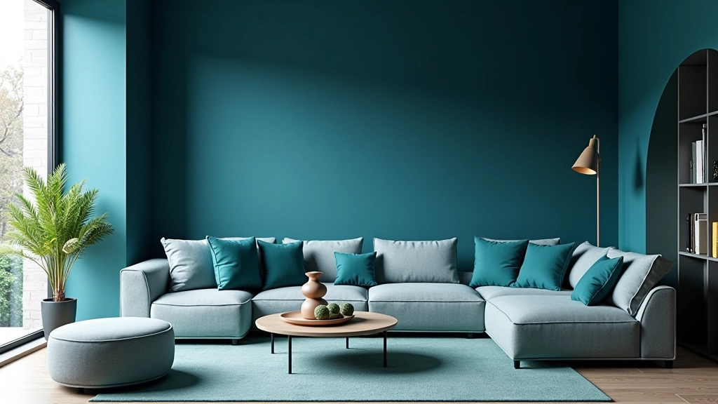 Salotto moderno con palette fredda: pareti blu profondo, divano grigio-azzurro, cuscini turchese, luce naturale fredda