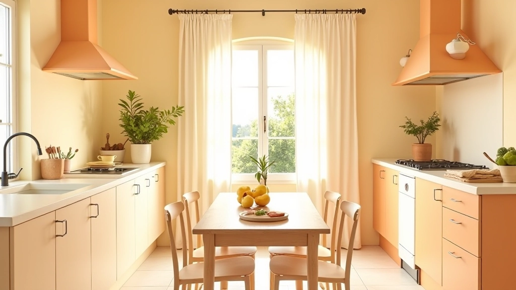 Cucina estiva con colori chiari, arancioni e gialli leggeri, tessuti leggeri e materiali naturali, tavolo in legno chiaro