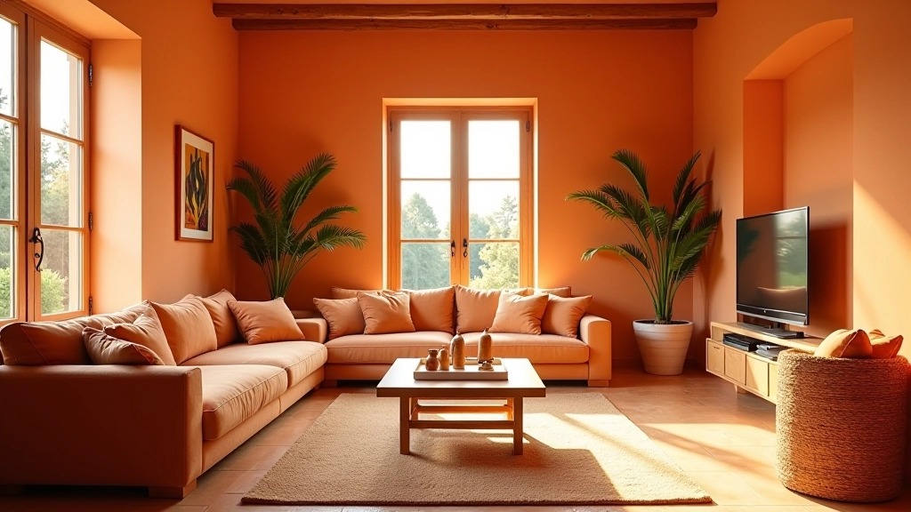 Sala living con pareti in tonalità terracotta caldo, mobili in legno naturale e luce dorata che entra dalle finestre