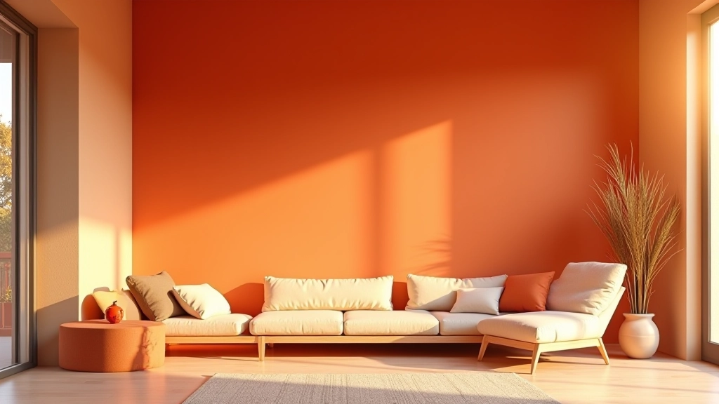 Parete color terracotta caldo in salotto con luce naturale dal tramonto, arredi minimalisti