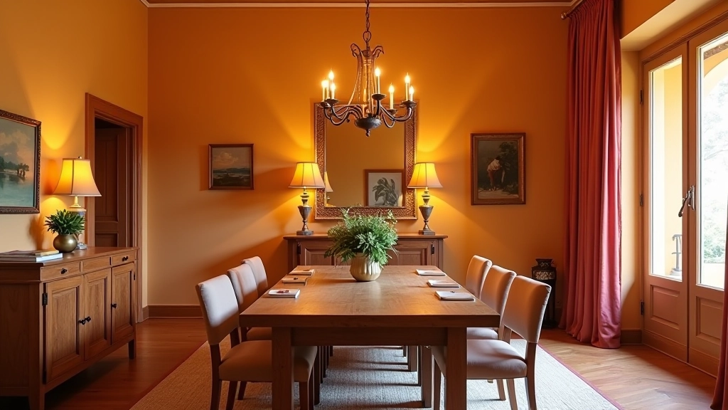 Sala da pranzo con palette calda: oro, cremisi, avorio con tavolo in legno massiccio