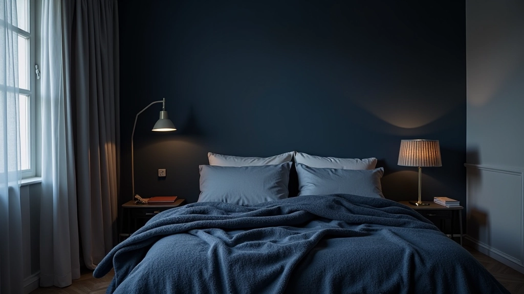 Camera invernale con toni blu scuro e grigi freddi, tessuti pesanti, illuminazione soffusa, atmosfera contemplativa